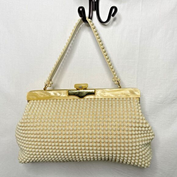 Vintage JEM Handbag Lucite Beaded Hand-Made British Hong Kong Cream Mid Century - Picture 2 of 16